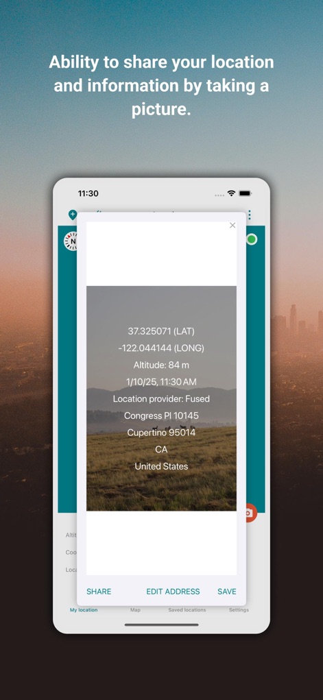 My GPS Coordinates ° - The app provides a comprehensive list of saved locations, detailing addresses, coordinates, and optional images for easy management and recall.