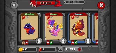 DragonVale - Breed Dragons - Cette vue détaillée du "Dragonarium" permet aux utilisateurs de visualiser leur collection de dragons, affichant des informations essentielles comme le nom du dragon et le nombre de gemmes pour l'acquérir, ainsi qu'une option de "Filter" pratique.