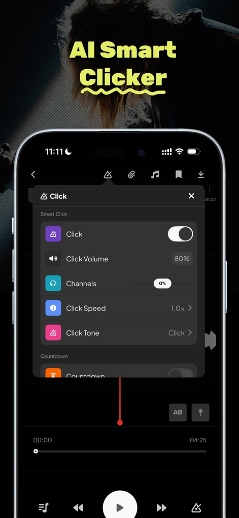 Audio Jam - AI for musicians - Explore the AI Smart Clicker interface, where users can fine-tune click volume and adjust click speed for tailored practice sessions.