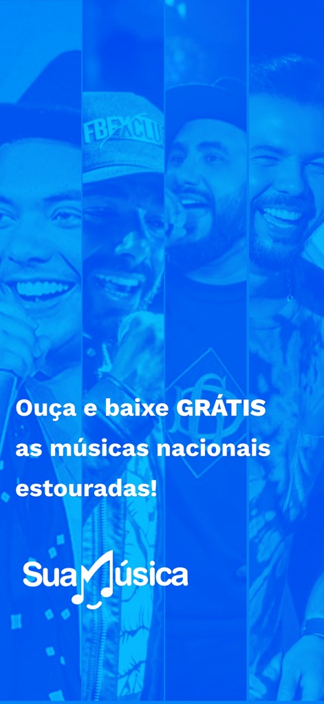 Sua Música: Ouvir e Baixar - 이 앱은 인기 브라질 음악을 무료로 듣고 다운로드할 수 있는 기능을 제공하며, 다양한 아티스트의 얼굴이 콜라주되어 앱의 풍부한 콘텐츠를 시각적으로 보여줍니다.
