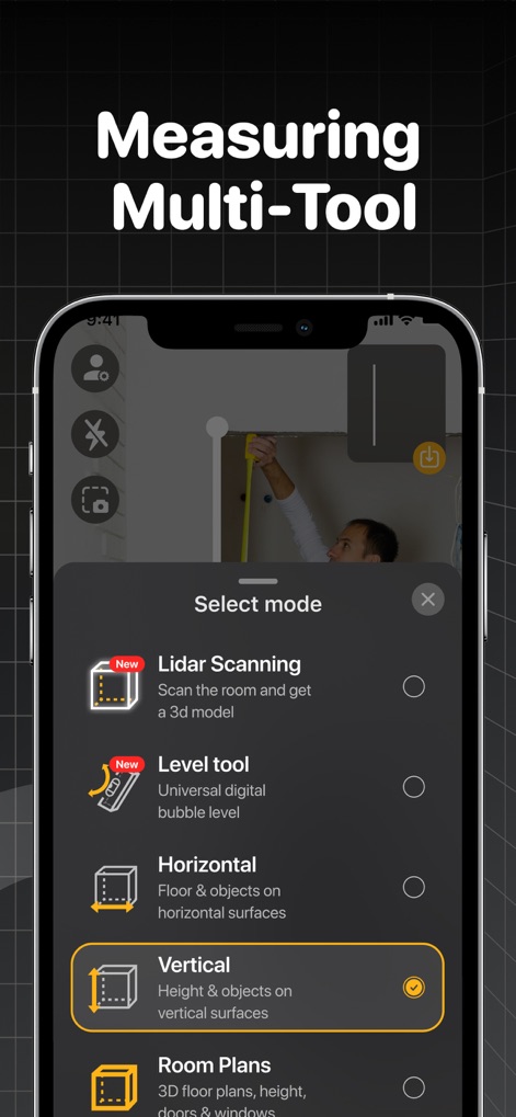 The Tape Measure & 3D Scanner - Explore the app's comprehensive selection menu, offering various measurement modes including Lidar Scanning for 3D models and precise Vertical measurements.
