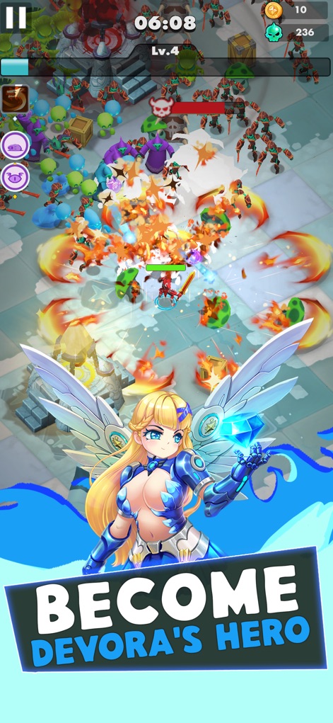 Undead Slayer: Offline Action - Observe the heroic action unleashed by powerful characters, demonstrating the majestic wings and elemental fire and ice spell effects in combat.