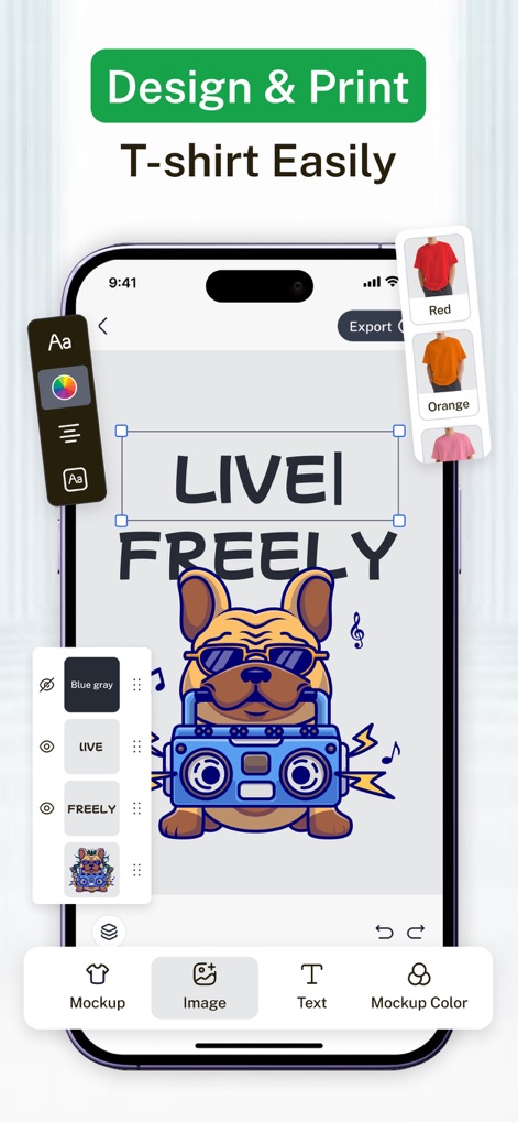 T Shirt Designer AI Design - O aplicativo permite a edição detalhada de camisetas, com um painel de camadas para gerenciar elementos como texto e gráficos, e uma paleta de cores para ajustes precisos.