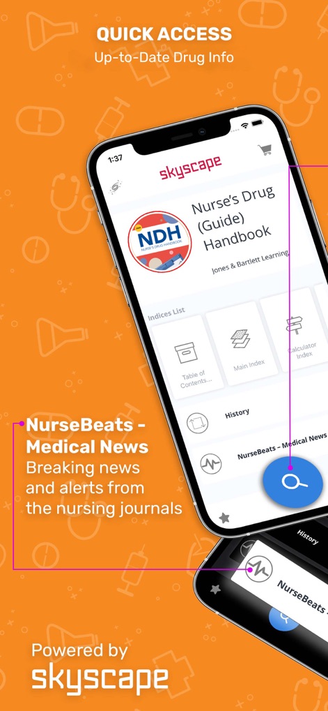 Nurse’s Drug Handbook - Diese Startseite präsentiert schnellen Zugriff auf Arzneimittelinformationen und hebt das prominente App-Logo sowie die Navigationsoptionen für „NurseBeats – Medical News“ hervor.