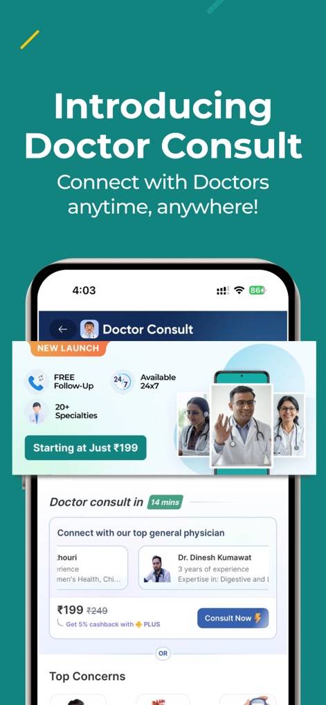 PharmEasy - Healthcare App - Discover the app's "Doctor Consult" service, enabling users to connect with doctors across "20+ Specialties" with transparent pricing, "Starting at Just ₹199".