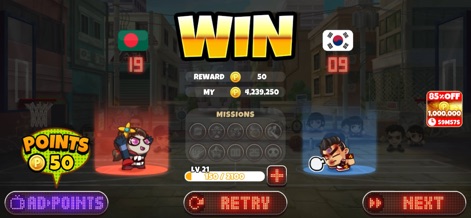 Head Basketball - The victory screen showcases the successful completion of a match, detailing the "WIN" outcome with score differences and post-game rewards like "POINTS P 50".