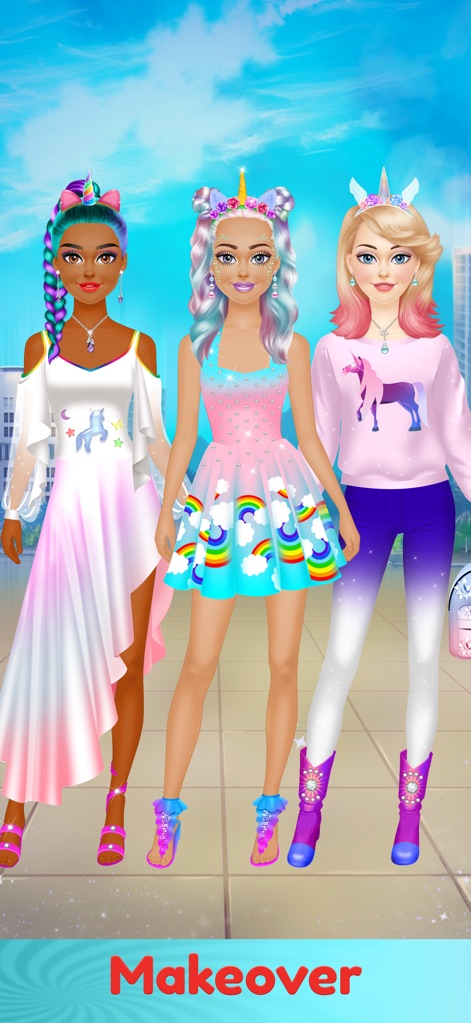 Dress Up & Makeup Girl Games - O aplicativo permite que as usuárias criem looks temáticos de unicórnio, com três modelos usando roupas coloridas e acessórios.