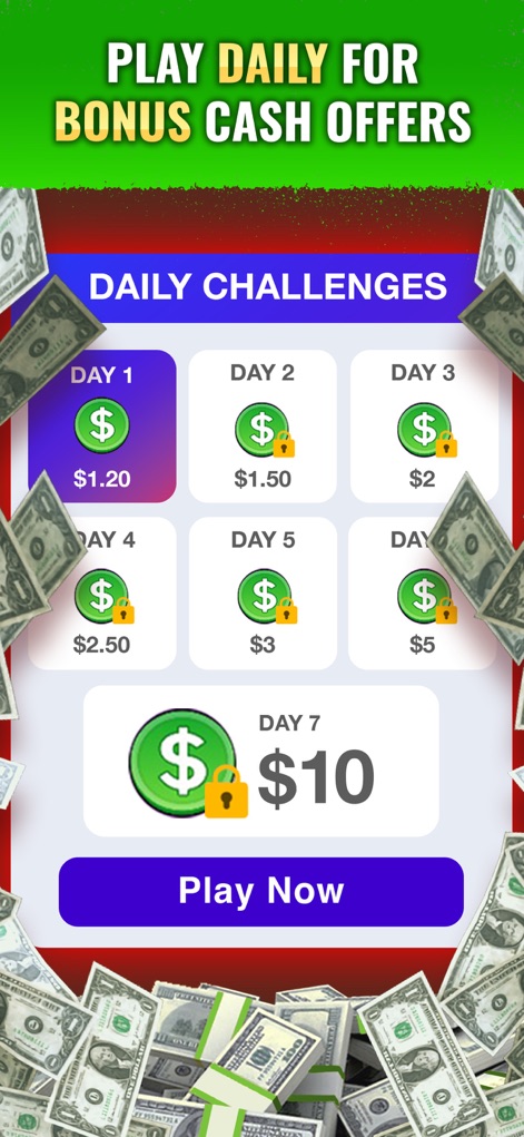Dominoes Gold - Win Real Money - This tool presents a clear daily challenge interface with progressive cash bonuses and a 'Play Now' call to action, encouraging consistent engagement.