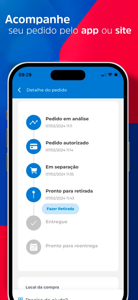 Mateus Mais - A tela de detalhes do pedido mostra um acompanhamento completo do status em uma linha do tempo e oferece um botão para 'Fazer Retirada' quando o pedido está pronto.