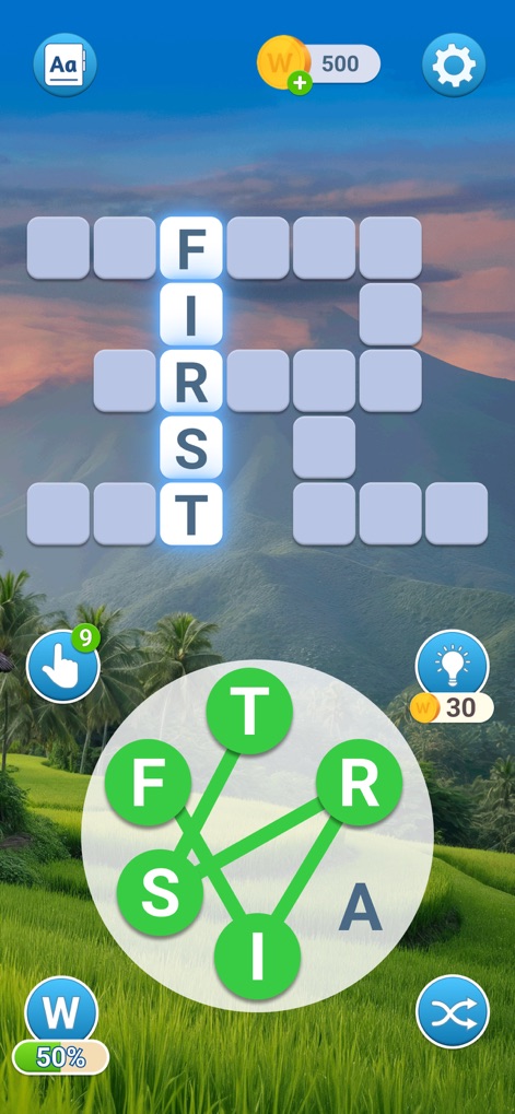 Crossword Jam: Fun Word Search - L'interface affiche une grille de mots croisés lumineuse avec un système d'indices pratiques, permettant aux utilisateurs de résoudre les énigmes tout en admirant des paysages verdoyants.