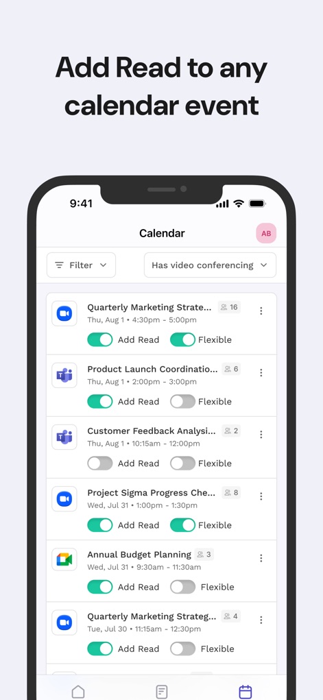 Read AI: Transcripts and Notes - O aplicativo oferece integração contínua com o calendário, exibindo eventos e a opção de "Add Read" para incluir o registro da reunião e um toggle "Flexible" para ajustes de agendamento.