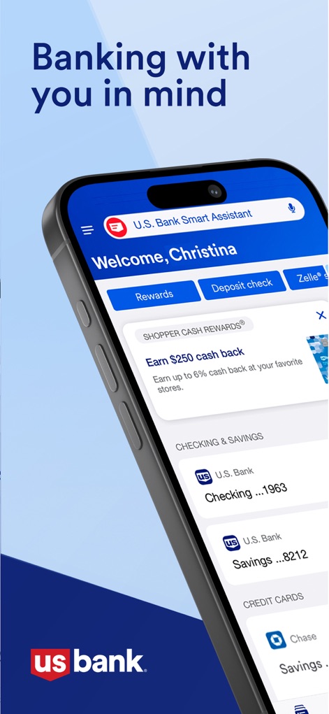 U.S. Bank Mobile Banking - See how the app presents a personalized welcome message and quick action buttons, alongside a consolidated view of checking, savings, and credit card accounts for instant access.
