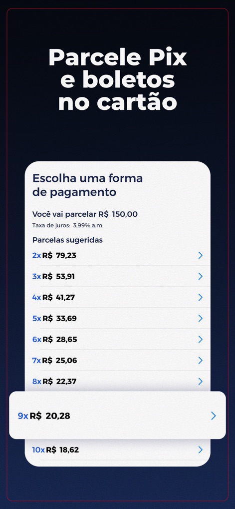 Digio: cartão de crédito - Esta funcionalidade inovadora permite 'Parcelar Pix e boletos no cartão', apresentando diversas opções de parcelamento, como '9x R$ 20,28', para maior flexibilidade financeira.