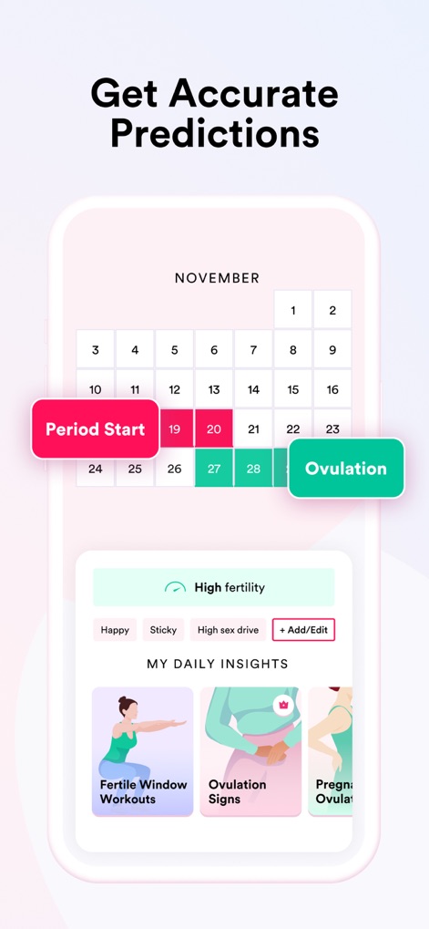 IVY Period & Pregnancy Tracker - Um calendário exibe as previsões do período e da ovulação com alta precisão, juntamente com o status de fertilidade para auxiliar no planejamento.