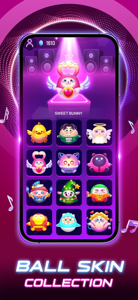 Tiles Hop: Music Ball Clash - This app offers a wide array of unique ball skins, allowing players to personalize their gameplay with distinct visual styles and character choices.
