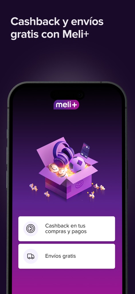 Mercado Pago: cuenta digital - La pantalla principal de Meli+ promociona sus ventajas, con íconos explícitos para cashback en compras y envíos gratis, mejorando la experiencia del usuario.