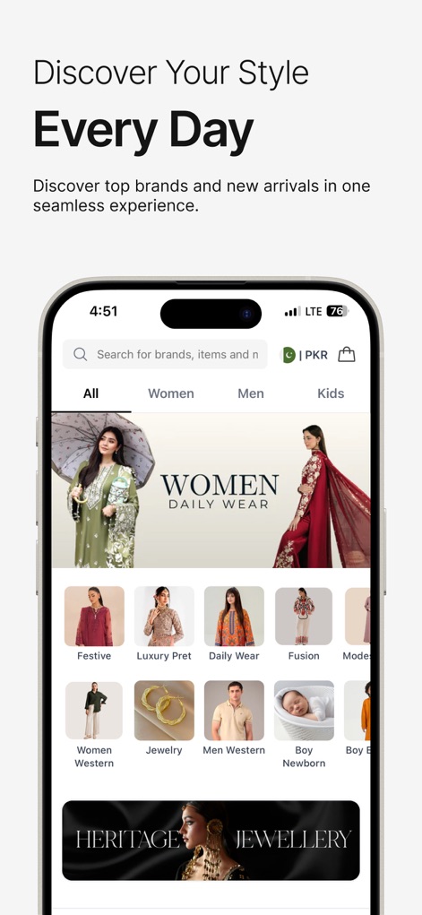 LAAM – Online Shopping App - Die intuitive Navigation ermöglicht es Nutzern, ihren Stil täglich neu zu entdecken, mit übersichtlichen Kategorien wie 'Women' und 'Men' sowie speziellen Rubriken wie 'Festive' und 'Jewelry' für eine personalisierte Suche.
