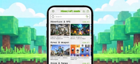 Mods for Minecraft PE ㅤ - La aplicación presenta una estructura de categorías clara, con secciones como 'Adventure & RPG' y 'Armor & Weapon', que guían a los usuarios a través de la vasta biblioteca de mods.