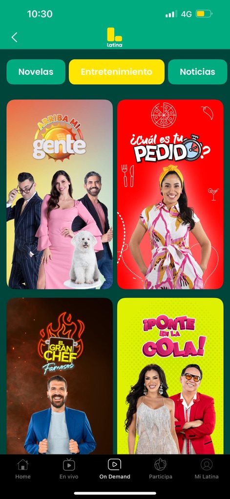 Latina - Discover a vast on-demand entertainment library, clearly categorized for easy browsing and featuring vibrant show covers for popular programs.