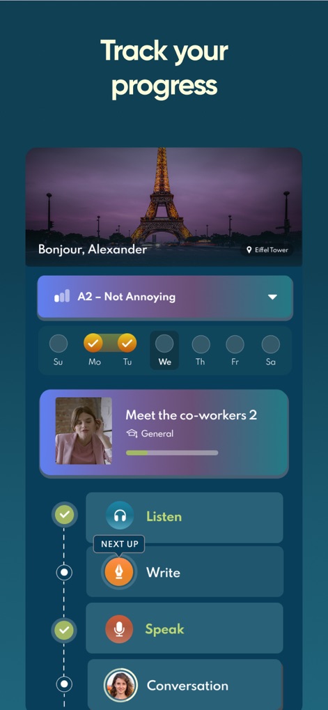 Jumpspeak | Language Learning - 이 화면은 에펠탑 이미지와 함께 'A2' 레벨 표시 및 요일별 진행 상황을 시각적으로 보여주며, 사용자가 듣기, 쓰기, 말하기, 대화와 같은 개별 학습 단계를 확인할 수 있도록 돕습니다.