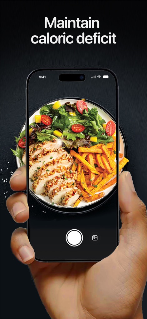 Calorie AI - Food Scan - La aplicación facilita el escaneo de comidas para mantener un déficit calórico, utilizando la interfaz de la cámara para capturar y analizar el plato.