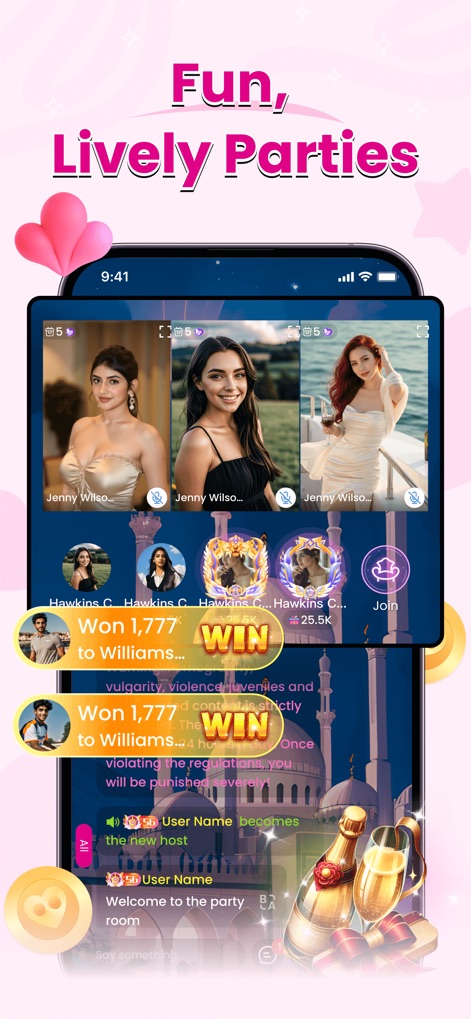 Tovio-Subculture Chat, Video - Os usuários desfrutam de festas virtuais com múltiplos participantes exibidos em feeds de vídeo e interagem através de mensagens dinâmicas que anunciam 'vitórias' e novos anfitriões.