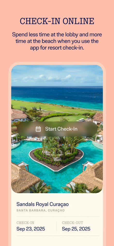 Sandals & Beaches Resorts - Users can expedite their arrival process by utilizing the online check-in feature, clearly displaying the resort name and travel dates.
