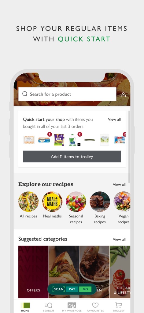 Waitrose & Partners - A tela inicial do aplicativo oferece um atalho para "Quick start your shop" com itens comprados regularmente e uma seção "Explore our recipes" com categorias visuais distintas.