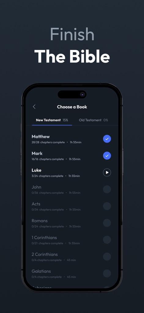 Bedtime Bible: Christian Sleep - The app helps users track their journey through the entire Bible by showing chapter completion status and overall progress percentages for both the New and Old Testaments.