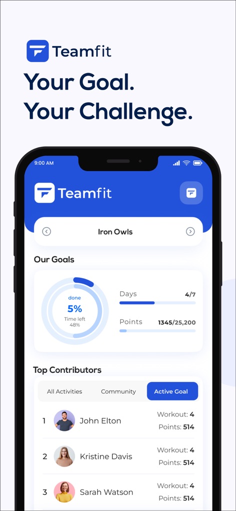 Teamfit - train as a team - O painel inicial do aplicativo exibe o progresso de metas e os principais contribuidores de uma equipe, com a seção "Our Goals" mostrando o status de conclusão e pontos acumulados, e a lista "Top Contributors" detalhando o desempenho individual.