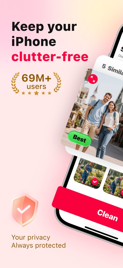 Powerful Clean: Phone Cleaner - Discover how the app emphasizes user trust with its "69M+ users" badge and reassures with the visual "privacy protection shield."