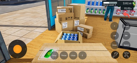 Supermarket Store Game 3D - Users engage in essential stock management, maneuvering cardboard boxes and preparing items for shelves using the intuitive interactive controls.