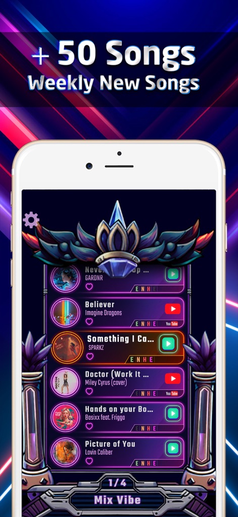 Beat Swiper - Browse the extensive song library, presenting a wide selection of track titles and artists within the in-app music player interface.