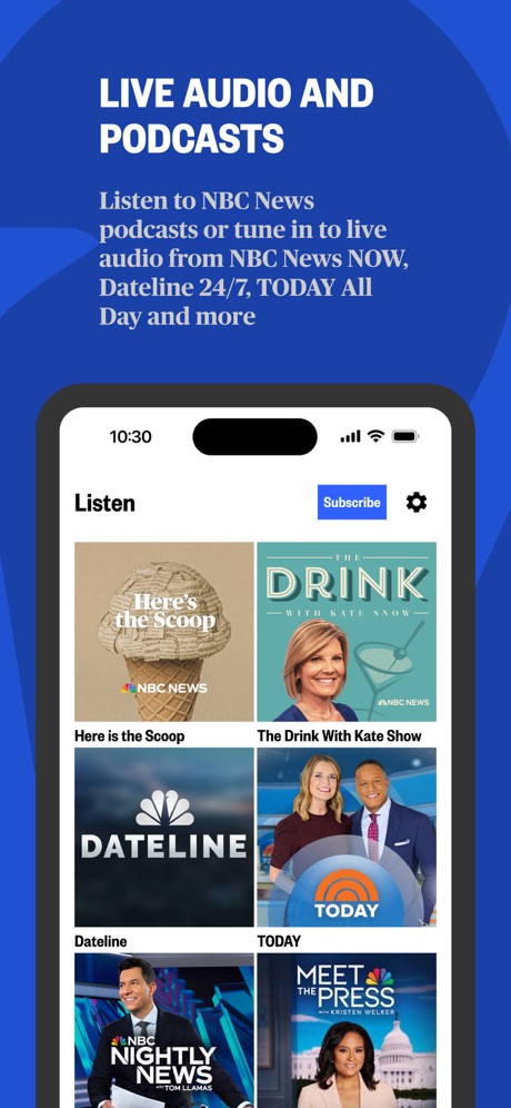 NBC News: Breaking & US News App Store screenshot 4, headline “LIVE AUDIO AND PODCASTS”. Uses a number.
