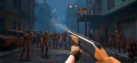 Zombie Apocalypse・Shooter Game - Face an overwhelming zombie horde in a dark, rain-slicked street, utilizing a reliable pump-action shotgun while a canine companion watches from above.