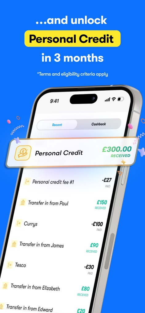 Pockit: Bank Card Alternative - 이 앱은 3개월 사용 후 개인 신용을 잠금 해제할 기회를 제공하며, 사용자는 앱에서 '£300.00 RECEIVED' 알림을 통해 신용 혜택을 받을 수 있습니다. '3개월'이라는 기간과 '£300.00'이라는 수령액이 명확하게 표시됩니다.