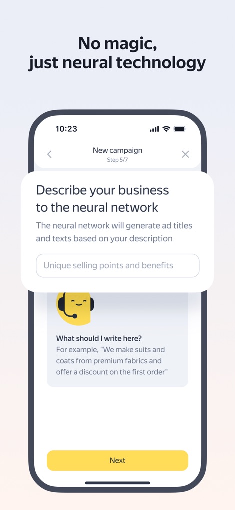 Yandex Direct - Die App nutzt KI-gestützte Texterstellung, bei der Nutzer ihre Geschäftsbeschreibung eingeben, damit die neuronale Netzwerk-Anzeigenentwürfe generiert.