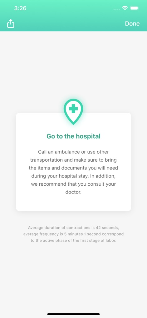 Contraction Timer & Counter 9m - 이 앱은 병원 십자가 아이콘이 있는 'Go to the hospital' 팝업 메시지로 병원 방문을 권고하며, 활성 진통 단계의 평균 진통 지속 시간과 빈도 정보를 명확히 보여줍니다.
