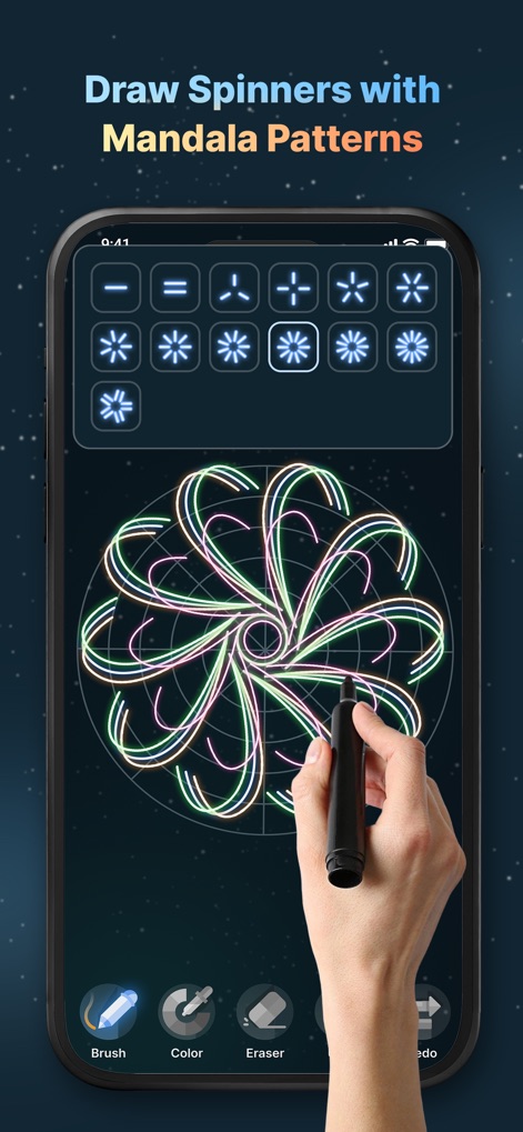 Finger Spinner: Neon Glow Art - 이 앱을 통해 사용자는 네온 라인으로 복잡한 만다라 패턴을 그릴 수 있으며, 상단에 배치된 다양한 만다라 패턴 도구를 활용하여 창의력을 발휘합니다.