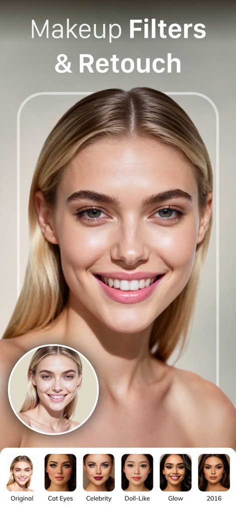 HairApp: AI Hairstyle Try On - Cet outil permet d'appliquer divers filtres de maquillage, des yeux de chat glamour aux styles de célébrités, pour un look parfait.