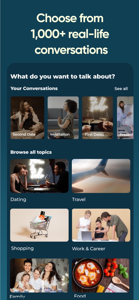 Jumpspeak | Language Learning - 이 화면은 데이트 및 여행과 같은 다양한 실생활 주제에서 1,000개 이상의 대화 시나리오를 제공하여 사용자가 관심사에 따라 학습을 선택할 수 있도록 합니다.