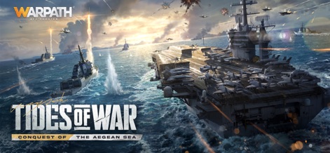 Warpath: Ace Shooter - Die Szene zeigt einen epischen Seekrieg mit einem majestätischen Flugzeugträger als Zentrum und detaillierten Zerstörern, die in der Ferne das Feuer eröffnen.