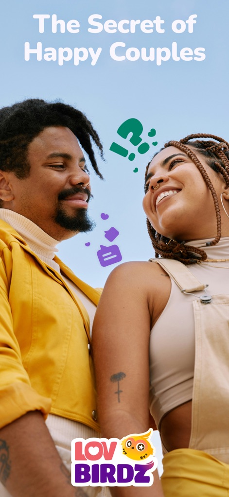 LovBirdz - Couple Love Quiz - このアプリは、笑顔のカップルと感情豊かなアイコンを通じて、パートナーとの深い繋がりと幸福感を育む方法を提示します。