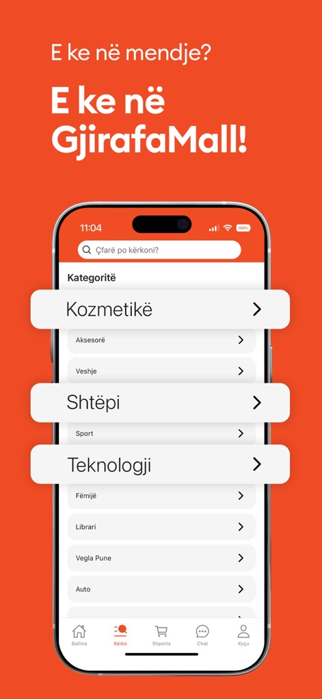 GjirafaMall - The app facilitates effortless product discovery with a clearly labeled search bar and an expansive list of product categories like 'Kozmetikë' (Cosmetics) and 'Teknologji' (Technology).