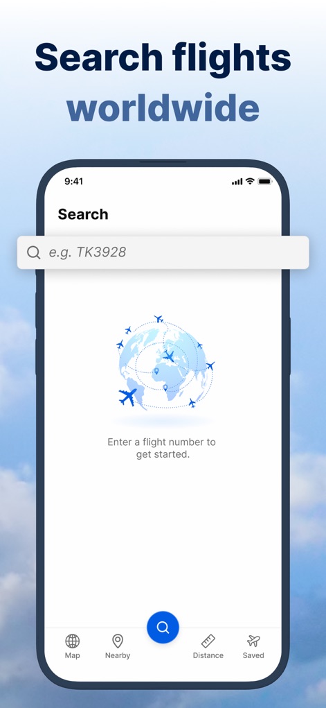 FlightSky: Flight Tracker - A interface de busca intuitiva convida os usuários a encontrar voos em todo o mundo, apresentando um campo de texto com "e.g. TK3928" e uma ilustração de aviões circundando o globo.
