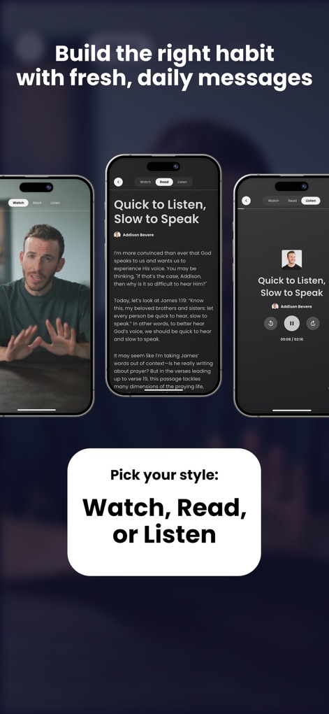 MessengerX App - Les utilisateurs peuvent choisir leur mode d'apprentissage préféré, avec des options de visionnage vidéo, de lecture d'articles et d'écoute audio pour chaque message.