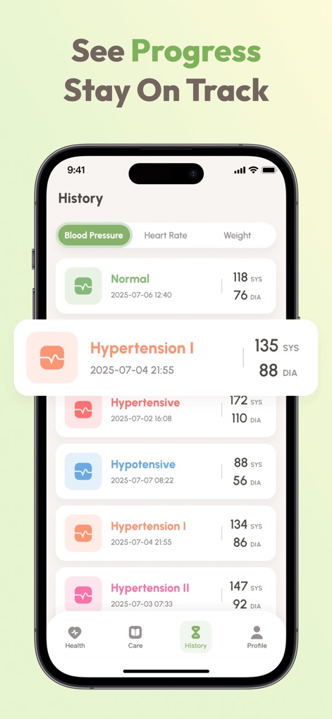 Blood Pressure Tracker+:AI Log - Users can review their complete health history through a chronological list of classified blood pressure readings and navigate effortlessly using the streamlined bottom tab bar.
