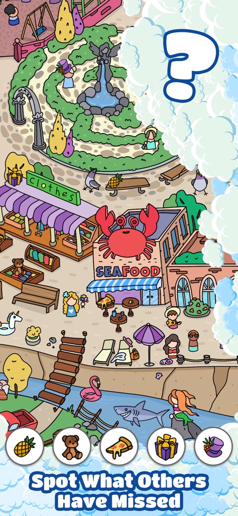Scavenger Hunt－Hidden objects! - The app offers diverse locales, from bustling coastal markets with crab signs to maps with intriguing cloud-covered areas hinting at future discoveries.