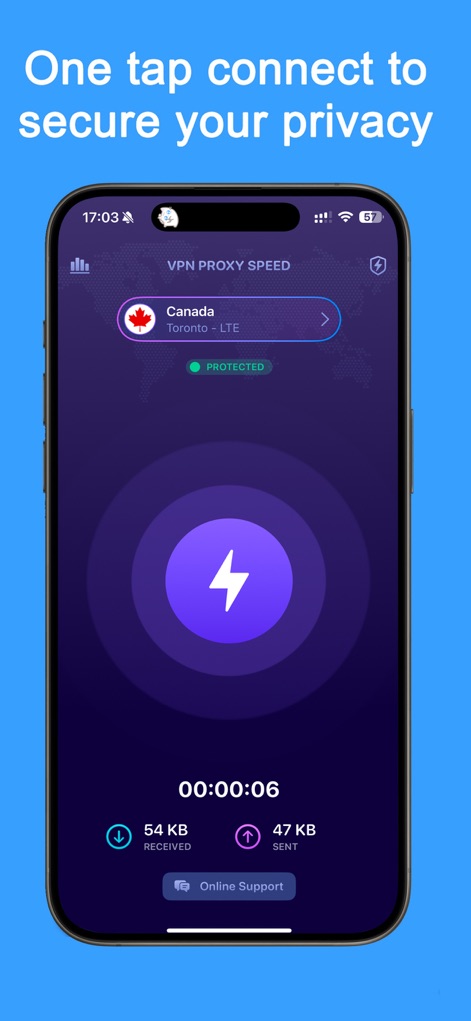 VPN Proxy Fast - Super VPN - This initial view demonstrates the app's straightforward user interface with a prominent one-tap connect button and real-time data transmission statistics.