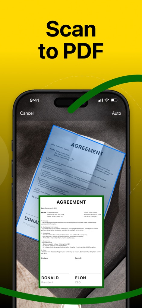 e Signature Scanner, Sign PDF - Users can quickly convert physical documents into digital formats by scanning an agreement with their phone camera, transforming it into a clean, digital PDF preview.